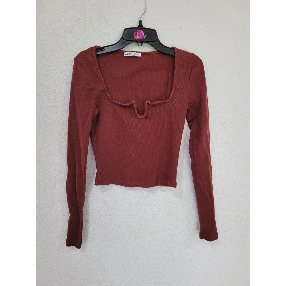 Zara Womens Ribbed Long Sleeve Notch Square Neck‎ Cropped Top Rust Brown M #18